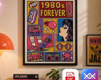 1980s Cross Stitch Pattern PDF & SAGA, Retro Pop Art Sampler, Cassette Boombox Roller Skate Soda 80s Nostalgia Embroidery