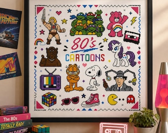 80s Cartoons Cross Stitch Pattern, Retro Pop Culture Sampler PDF, Nostalgia Embroidery, Gamer Room Decor DIY