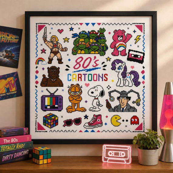 80s Cartoons Cross Stitch Pattern, Retro Pop Culture Sampler PDF, Nostalgia Embroidery, Gamer Room Decor DIY