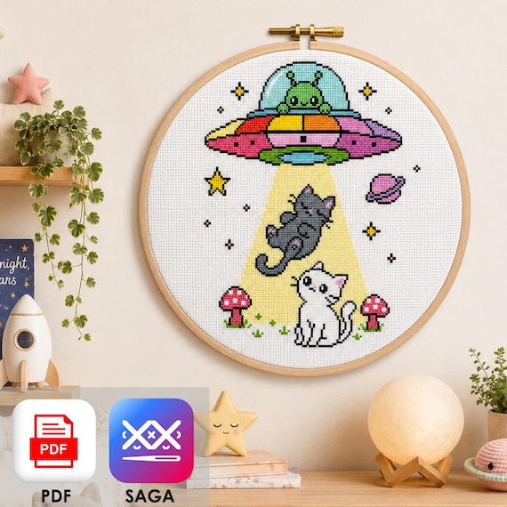 UFO Cat Cross Stitch Pattern PDF & SAGA, Cute Alien Kitten Design, Kawaii Space Embroidery Chart, Sci Fi Nursery Decor