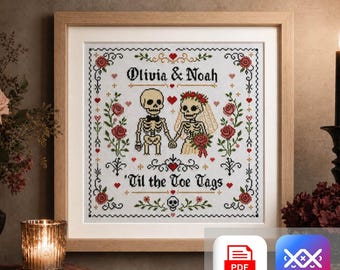 Til the Toe Tags Wedding Cross Stitch Pattern, Gothic Skeleton Couple Sampler, Personalized Bride and Groom PDF & SAGA