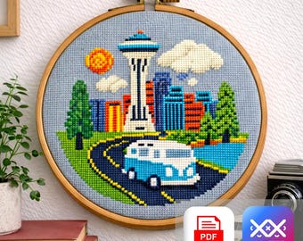 Seattle Skyline Cross Stitch Pattern, Space Needle Cityscape Embroidery PDF, Camper Van Travel Design Bus PDF & SAGA Instant Download