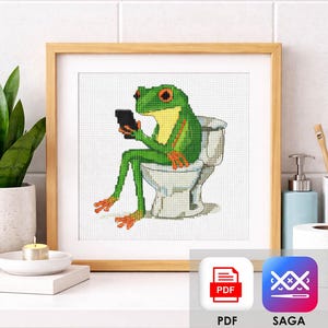 Puede incluir: Obra de arte de punto de cruz enmarcada que representa una rana verde sentada en un inodoro, mirando un teléfono inteligente negro. La rana tiene patas naranjas y vientre amarillo. La obra está en un marco de madera.