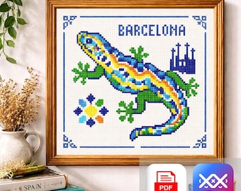 Barcelona Lizard Cross Stitch Pattern, Mosaic Salamander, Gaudi Inspired Spain Souvenir Decor Gift PDF & SAGA Instant Download