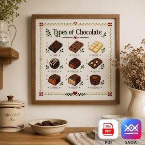 May include: A framed cross-stitch sampler titled Types of Chocolate, featuring nine embroidered illustrations of various chocolate pieces labeled Dark, Milk, White, Truffle, Praline, Nut, Caramel, Nougat, and Hazelnut, all within a decorative border.