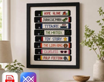 90s VHS Cross Stitch Pattern PDF & SAGA, Retro Movie Night Video Tapes, Vintage Cassette Shelf Film Lover Embroidery Chart