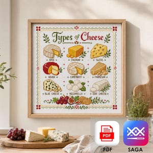 Soorten kaas kruissteekpatroon PDF & SAGA, kaas sampler borduurwerk, keukendecoratie, cadeau voor foodies, brie, cheddar en gouda