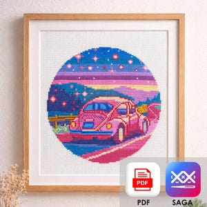 May include: Cross-stitch art in a wooden frame. The artwork features a pink car driving on a road, set against a backdrop of a starry sky and colorful sunset. The image is a cross-stitch pattern, with the words "PDF" and "SAGA" on the bottom.