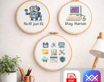 Robot & Computer Cross Stitch Patterns, Tech Icons, Geeky Embroidery, DIY Patterns, No AI Just IQ Stay Human pdf saga