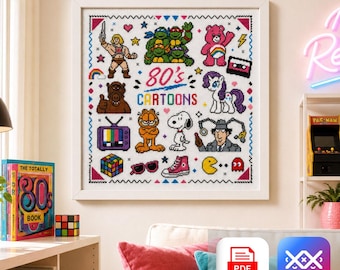 80s Cartoons Cross Stitch Pattern, Retro Pop Culture Sampler PDF, Nostalgia Embroidery, Gamer Room Decor DIY