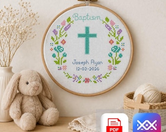 Personalized Baptism Cross Stitch Pattern PDF, Floral Cross Sampler, Christening Gift, Baby Name Date DIY Embroidery Chart pdf & saga