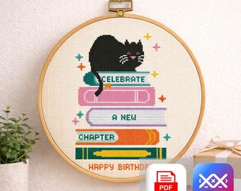 Happy Birthday Book Stack Design, Black Cat Cross Stitch Pattern PDF & SAGA, New Chapter Embroidery Chart, Reader Gift Download