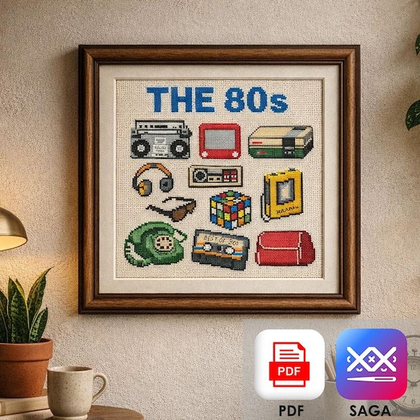 Patrón de punto de cruz de los 80, bordado de gadgets retro de los 80, diseño de nostalgia tecnológica vintage en PDF y SAGA