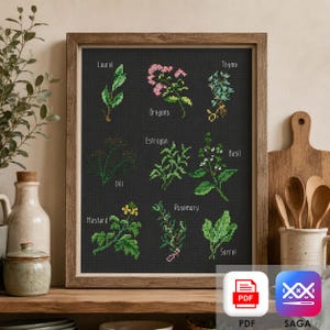 May include: A framed cross-stitch sampler displaying nine herbs: laurel, oregano, thyme, dill, estragón, basil, mustard, rosemary, and sorrel. The herbs are stitched in green, pink, and yellow on a black background. The frame is light brown. The image also includes PDF and SAGA icons.