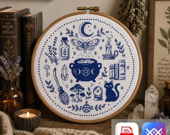 Witchy Cross Stitch Sampler Pattern, Gothic Moon Cat PDF, Cottagecore Witch Decor, Halloween Magic Embroidery Design PDF & SAGA Pattern