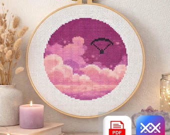 Pink Cloud Cross Stitch Pattern PDF & SAGA, Pastel Sky Embroidery Chart, Modern Round Design, Dreamy Aesthetic Decor