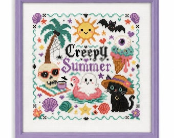 Creepy Summer Cross Stitch Pattern PDF & SAGA, Cute Halloween Beach Decor, Ghost Bat Skull Ice Cream, Spooky Summer Embroidery