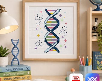 DNA Cross Stitch Pattern Biology Embroidery Design, Science Decor, Pastel Double Helix Pattern, STEM Gift PDF & Saga