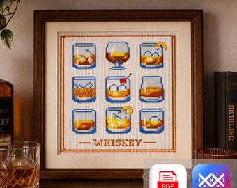 Patrón de punto de cruz de whisky, gráfico de bordado de copa de cóctel, decoración de bar en casa, muestrario de bebidas moderno, PDF digital + SAGA