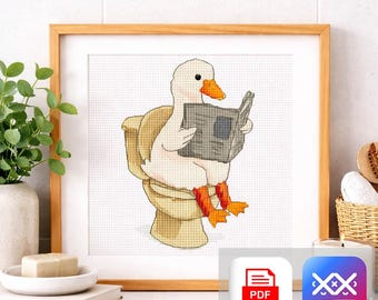 Funny Duck Cross Stitch Pattern, Bathroom Humor Embroidery, Duck on Toilet Design, Quirky Animal Pattern, Modern Cross Stitch PDF & SAGA