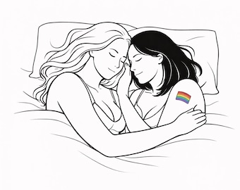 Minimalist Lesbian Couple Line Art, Romantic Women in Bed Wall Art, LGBTQ Poster