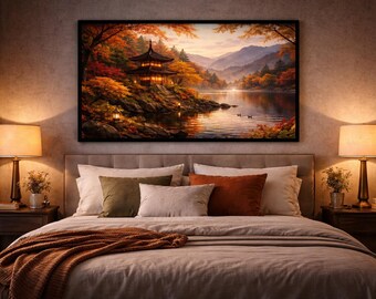 Autumn Korean Pagoda Print, Asian Fall Lake Landscape (Digital Download)