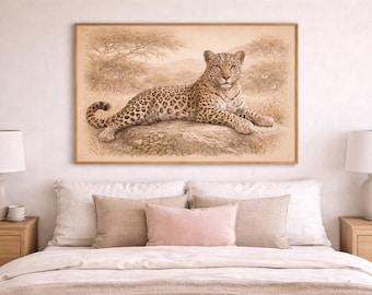 Leopard Illustration Art Print, Beige Wildlife Decor (Digital Download)
