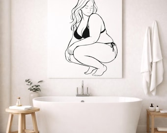 Curvy Woman Line Art, Black Bikini Poster, Body Positive Wall Art, Minimalist Female Drawing