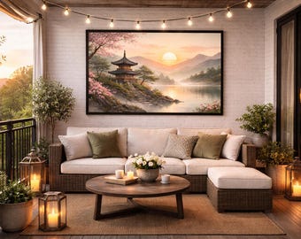 Korean Pagoda Sunrise Print, Asian Mountain Lake Landscape (Digital Download)