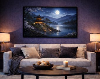 Moonlit Korean Pagoda Print, Asian Lake Landscape (Digital Download)