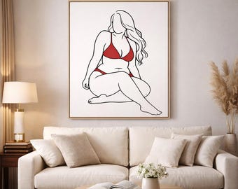 Minimalist Curvy Woman Line Art, Red Bikini Wall Art, Modern Bedroom Poster