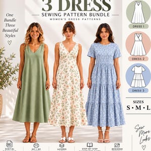 May include: A digital sewing pattern bundle featuring three dress styles. The first is a solid sage green V-neck dress, the second is a cream dress with a floral print, and the third is a blue tiered dress with a small white floral pattern.