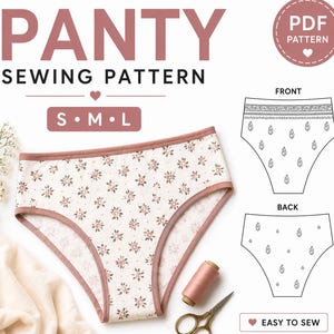 Puede incluir: Un patrón de costura en PDF para bragas con estampado floral. La imagen muestra una braga terminada, un diagrama del frente y la espalda, y el texto "PANTY SEWING PATTERN". Se indican las tallas S, M y L.