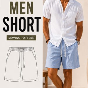 May include: A digital PDF sewing pattern for shorts, featuring text that reads BEST SELLER, DIGITAL PDF PATTERN, MEN SHORT, SEWING PATTERN, and S M L. The image displays a technical line drawing of shorts with an elastic waistband and drawstring.