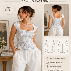 May include: A sewing pattern for a corset top with a square neckline, cap sleeves, princess seams, and a curved waist hem. The design features a blue floral print on a white background, an invisible zipper, and is available in sizes S, M, and L.