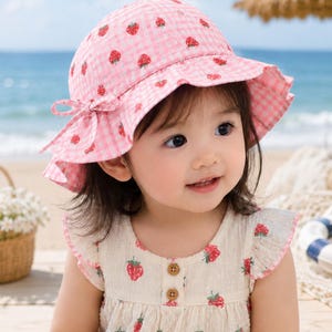 May include: A pink and white gingham bucket hat featuring a small red strawberry print pattern. The hat has a wide, slightly ruffled brim and a decorative side bow detail. The fabric is lightweight and patterned with evenly spaced strawberries.