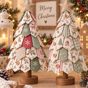 May include: Two decorative fabric Christmas trees featuring layered, pointed fabric segments in shades of green, red, and cream. Each tree is topped with a beige fabric star and adorned with small wooden buttons. The trees stand on round wooden bases.