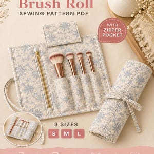 Makeup Brush Roll Sewing Pattern PDF with Zipper Pocket in S, M & L Sizes