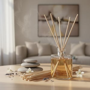 Può includere: Un diffusore per aromaterapia in vetro trasparente con bastoncini di legno, riempito con un liquido ambrato chiaro. Il diffusore è su un tavolo di legno con una pila di pietre grigie, fiori e bastoncini aggiuntivi. Il vapore sale dal diffusore.