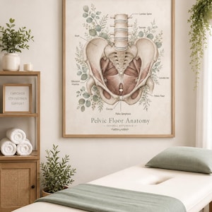 May include: A framed anatomical wall art print titled Pelvic Floor Anatomy, featuring a detailed illustration of the human pelvis, sacrum, and lumbar spine surrounded by botanical eucalyptus leaves with clear medical labels and text.