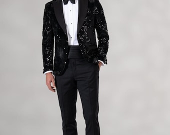 Men's Black Sequin Tuxedo Blazer with Satin Peak Lapel