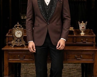 Men's Chocolate Brown 3-Piece Tuxedo with Black Sequined Shawl Lapel