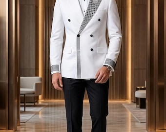 Giacca da smoking bianca da uomo - Blazer doppiopetto con perline - Abito da cerimonia/matrimonio a due pezzi con strass