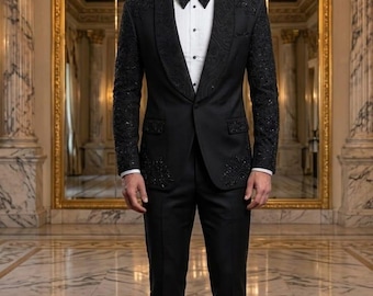 Men's Royal Black Tuxedo with Beaded Paisley Sleeves & Shawl Lapel