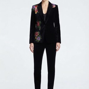 Black Velvet Floral Embroidered Women's 2-Piece Suit | Luxury Designer Blazer & Trousers Set