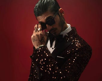 Men's Rose Gold Sequin Tuxedo Blazer with Peak Lapel