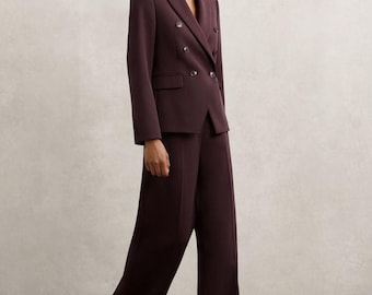 Women's Burgundy Double Breasted Pant Suit - Slim Fit Wine Red Professional Business Suit