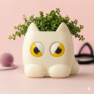 Peut inclure: Un cache-pot en forme de chat de couleur crème avec de grands yeux ronds jaunes, des pupilles noires et des paupières blanches. Le pot présente deux petites oreilles sur le dessus et deux pattes avant à la base, avec une plante verte à l'intérieur.