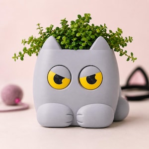 Peut inclure: Un pot de fleurs gris en forme de chat avec des yeux jaunes et noirs, contenant une petite plante verte. Le pot a un design fantaisiste avec des formes arrondies. Un fond rose et un jouet pour chat sont visibles.