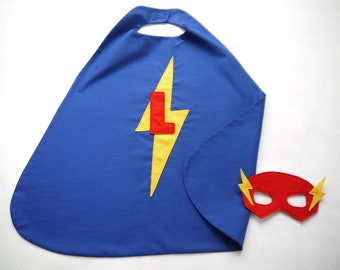 Personalised Superhero lightening bolt cape and mask set gift named Cotton Super hero costume mask boys girls party kids custom
